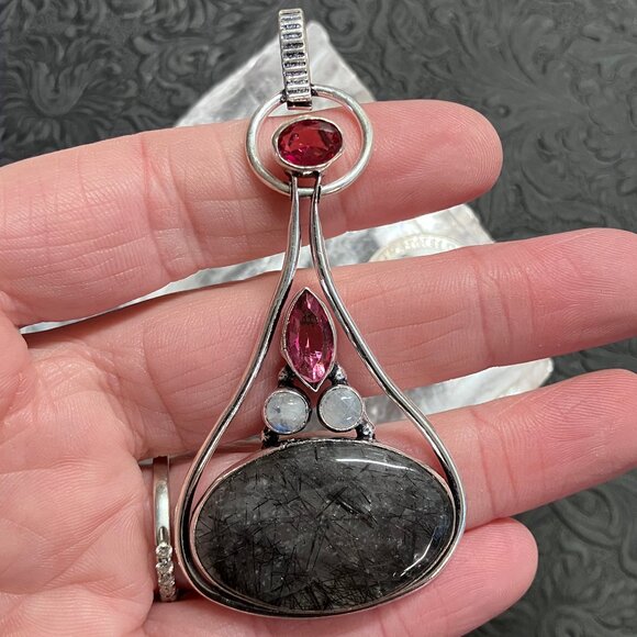 Tourmalinated Quartz Rainbow Moonstone and Pink Gems Pendant - Picture 1 of 7